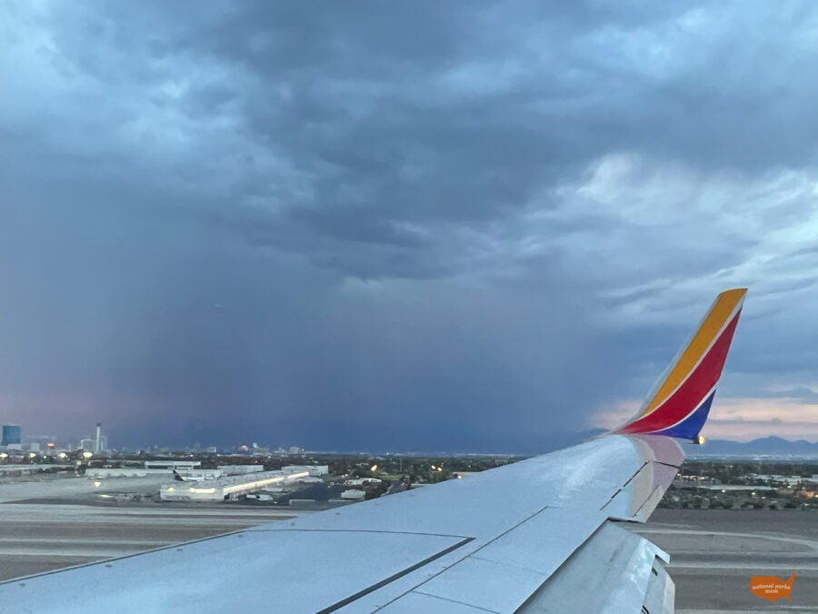 Southwest Airlines flight landing during a storm over the Las Vegas strip at LAS
