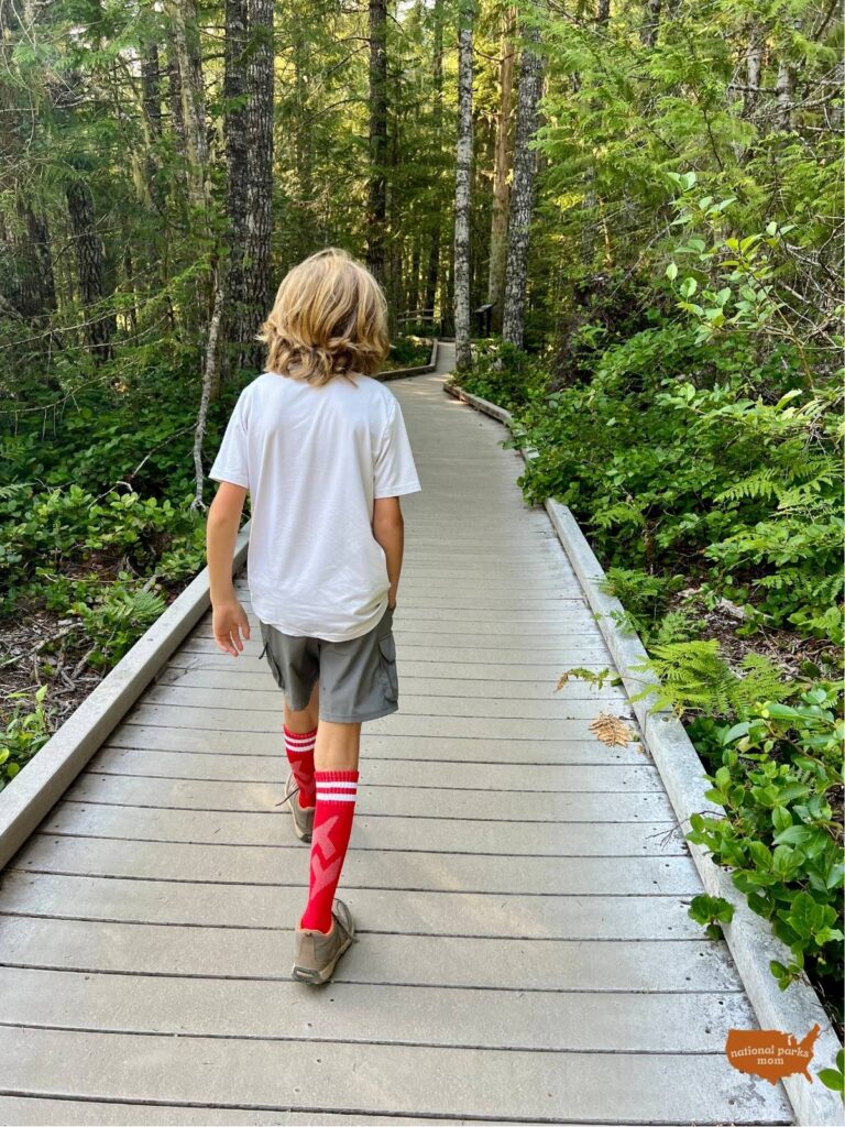 Child walking along the boardwalk of the Kautz Creek Nature Trail, Mt. Rainier Washington