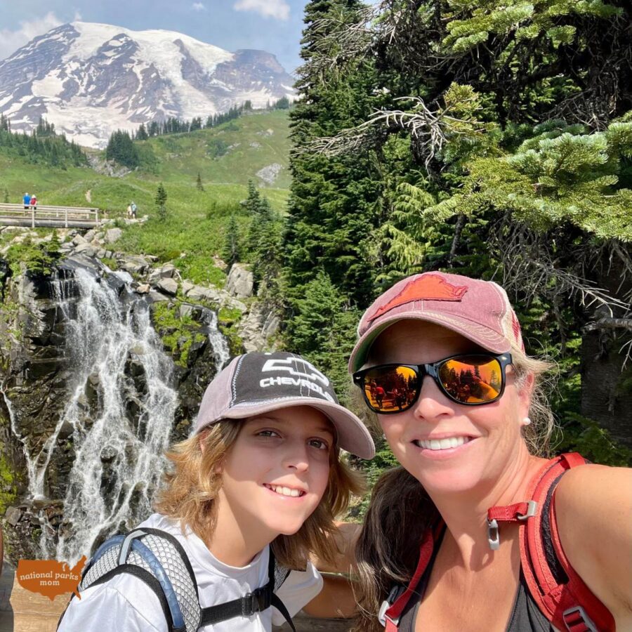 mom and son selfie in front of Myrtle Falls, Mt. Rainier