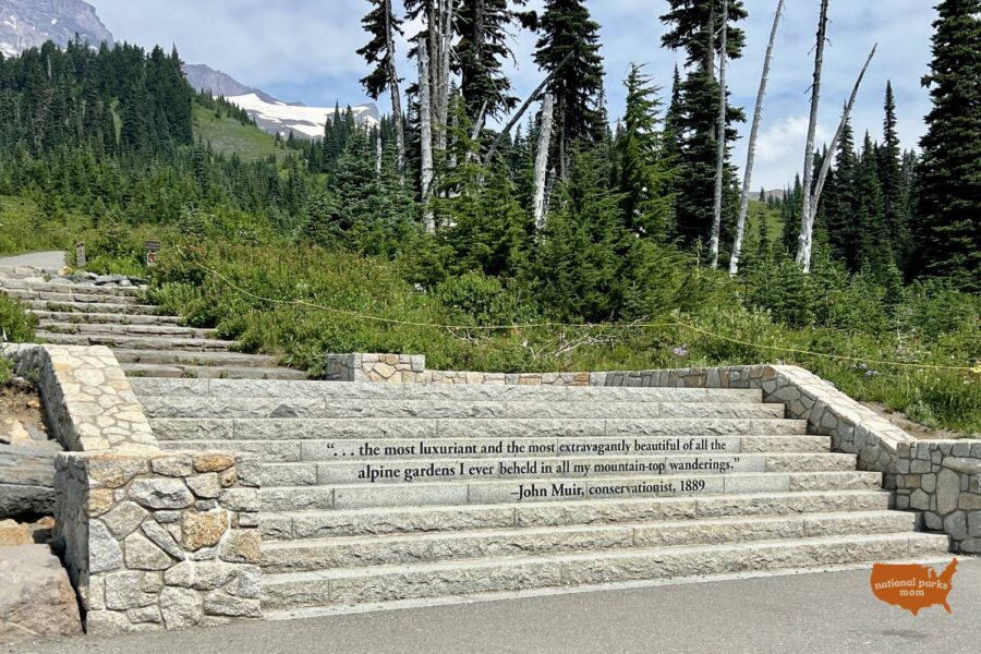 John Muir quote on stone stairs leading toward the Skyline Trail, Mr. Rainier