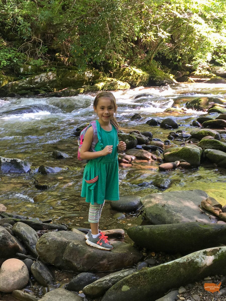my daughter enjoying one of our waterfall hikes in Great Smoky Mountains National Park