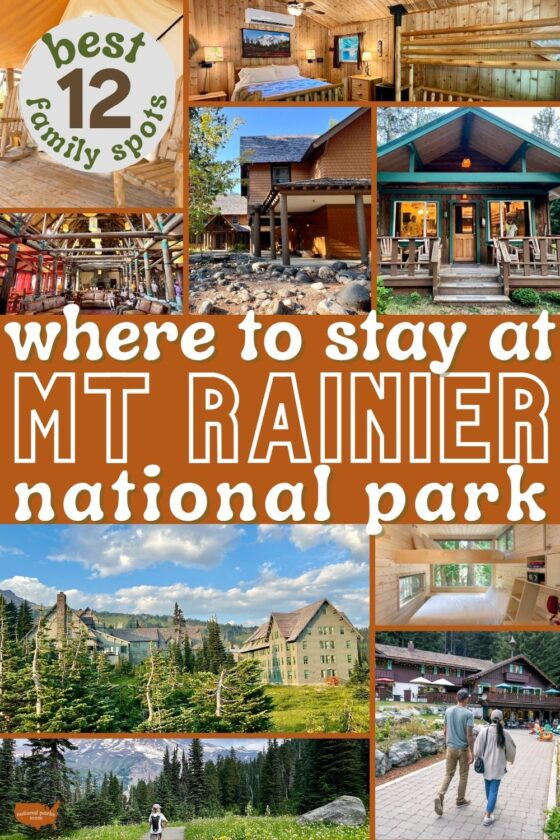 grid showing images of Mt. Rainier lodging options: "best 12 family options: where to stay at Mt. Rainier National Park"