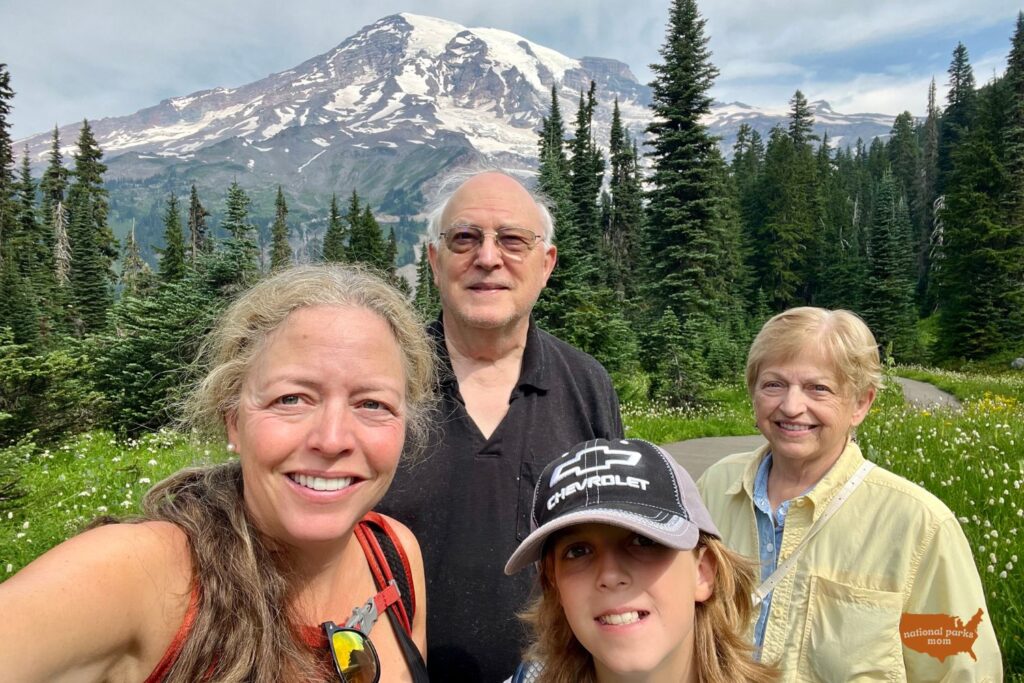 family hiking along the Nisqually Vista Trail, Mt. Rainier