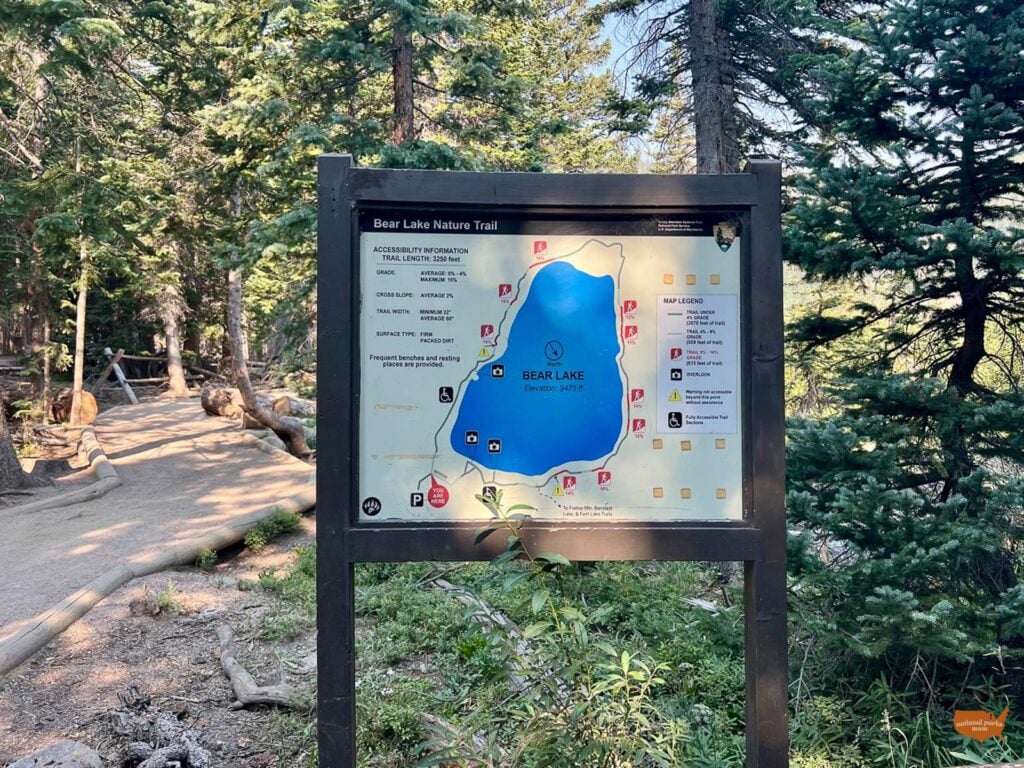 map sign for Bear Lake Nature Trail in Rocky Mountain National Park, Colorado
